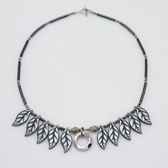 Vintage 925 Artisan Leaf Bib Necklace | Iridescent Crystal & Hematite | 19” - Picture 5 of 12
